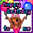 Pixel art birthday icon featuring a cartoon girl with brown hair wearing a pink dress and crown, holding two balloons under "happy birthday" text against a white background with purple border.