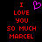 Static pixel art displays red text 'I LOVE YOU SO MUCH MARCEL' with a purple heart symbol above the first line on black background.
