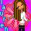 Pixelated image of a person with long brown hair wearing white and dark clothing against a pink-purple gradient background.