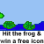 Animated pixel art of a green frog on blue water with lily pads, repeating text below.