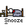 Animated contact sheet of a pixel art character sleeping in bed with repeated 'Snooze' text below each frame, showing subtle animation changes across 17 frames.