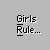 Pixelated yellow figures with white circular heads perform a repetitive motion against a gray background, with text reading 'Girls Rule...' and 'If they suck!!!' visible.