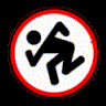 Four circular icons with red borders and white backgrounds, each containing a black stick figure in different dynamic poses against a dark background.