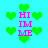 Pixelated green hearts and pink text 'HI IM ME' on cyan background with animated heart movement.