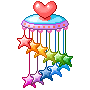 A colorful pixel-art mobile with a pink heart on top, hanging rainbow stars in red, orange, yellow, green, blue, and purple.