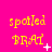 Yellow text 'spotted' and stylized 'BRAT' on bright pink background with animated white sparkles appearing at bottom-right corners of each