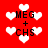 Red background with white pixelated hearts and black text 'MEG + CHS' in four quadrants, showing animation changes between heart shapes.