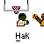 Pixelated basketball scene with two figures near a hoop, one in orange jersey, the other in white, with basketballs and text labels below.