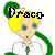 Pixelated character with yellow hair and green accessories, wearing a white top against a light background.