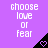 Purple background with repeated white text 'choose love or fear' and black triangular shapes containing heart symbols.