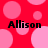 Red background with pink polka dots and four instances of the text 'Allison' in black pixelated font.