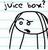 Pixelated static image shows a cartoon face with wide eyes and open mouth, above text reading 'juice box!' on striped background.