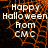 A Halloween-themed digital graphic with orange spiderweb patterns on a black background, displaying 'Happy Halloween From CMC' in white text.