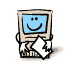 A cartoon computer monitor with a blue screen displays changing facial expressions and hand gestures while holding or releasing white paper sheets.