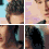 four showing a person with curly brown hair against light blue and pink backgrounds, displaying different facial expressions and head positions