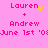 Pink background with pixelated text 'Lauren + Andrew June 1st '08' in two identical side-by-side sections, each featuring a different yellow animation effect above the name Lauren.