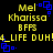 Yellow and blue pixelated text on black background with repeating 'Mel Kharissa' and 'B FPS 4_LIFE DUH!' elements.