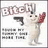 Pixelated cartoon character with light fur holds red object, standing beside text and graphic elements on white background.