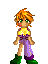 Pixel art character with orange hair, green eyes, yellow top, purple pants, green boots in multiple poses.