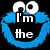 Blue Cookie Monster face with white eyes and mouth, displaying text variations 'I'm the', 'Cookie Monster', and 'OM NOM NOM!!'