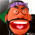 A pixelated animated buddy icon featuring a cartoon character with orange skin, purple headband, and green shoulder detail on the left side of a contact sheet, paired with green text reading "Original Icons .com" on a dark green background on the right side.