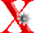 Red X-shaped structure with two distinct circular symbols on a gray background; one symbol is grayscale, the other purple.