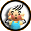 Two circular cartoon-style character icons with black outlines, one in blue top with open mouth, the other in pink top with closed mouth and red hair accessories.