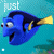 Animated blue fish with yellow tail fin swims against turquoise background, text 'just keep swimming' appears sequentially above and below.