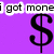 Purple background with black dollar signs, blue text reading "Angie," and partial white text "i got mone" at top left.