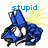 Blue cartoon character with large eyes and yellow sparkles, displaying text above its head.