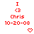 Red pixelated text and symbols on white background with two identical static frames showing 'I <3 Chris 10-20-08' and a heart icon below.
