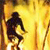 A pixelated figure on a bicycle against a bright yellow and orange gradient background with vertical brown lines.