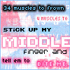 repeated text-based graphics with pink and blue pixelated backgrounds, displaying phrases like "34 muscles to frown" and "BITE ME."