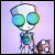 Pixelated static icon of a cartoon alien character with large green eyes, white face, and blue torso against light purple background.