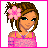A 48x48 pixel animated AIM buddy icon featuring a cartoon woman with brown hair and pink flower accessory, displayed in a contact sheet of text variations on a white background with bright pink borders.