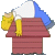 Pixelated cartoon icon of a red doghouse with white and blue roof sections, featuring a yellow object on the left side against a gray background.