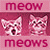 A 50x50 pixel animated buddy icon featuring two cat frames on a pink background with "meow" and "meows" text, alongside a green "OriginalIcons.com" logo.