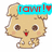 Pixelated cartoon dog with light brown fur, large dark eyes, red mouth, and pink cheeks; four variations show different colored text banners above its head.