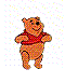 A cartoon bear in a red shirt appears in six distinct poses against a gray background with scattered white dots.