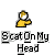 Pixelated yellow figure with white face and brown hair, hand raised in greeting gesture above text reading 'Scat On My Head' on gray background.