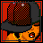 Animated contact sheet of a pixel art character with orange skin, black hair, and red eyes wearing a dark gray cap, showing facial expressions and body movements across seven frames on a red background.