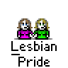 Animated contact sheet of pixel art icons showing two women holding hands with text variations including "Lesbian Pride" and speech bubbles reading "I'M HAPPY" and "ARE YOU?"