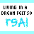 Pixelated text displays 'LIVING IN A DREAM FELT SO' above a blue 'r9AI' logo on white background with light blue horizontal bars.