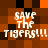 Pixelated orange and brown checkered background with repeated white text 'SAVE THE TIGERS!!!' in four quadrants.