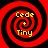Four identical red and black spiral patterns with yellow text reading "Cede + Tiny" arranged in a on a solid red background