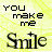 Pixelated text on a yellow background reads "YOU make me Smile" with the 'i' in "Smile" replaced by a plus sign, and an animated version shows partial disappearance of "YOU make me".