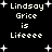 Black background with white pixelated text reading "Lindsay Grice is Lifeeee" repeated in two , surrounded by small plus-shaped and star-like symbols