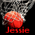 A pixelated red sphere with white smoke trails against a black background, with the name 'Jessie' in red text below.