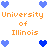 Pixelated graphic with orange text 'University of Illinois' repeated in two , surrounded by blue and light-blue heart icons on a white background