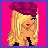 Pixelated image of a blonde woman with purple beret, black bralette, checkered tights, and pink handbag against bright pink background.
